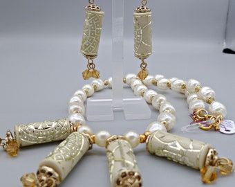 White baroque pearls w/engraved gold/white cylinder focal necklace & matching dangle earring set, statement jewelry, gift for her