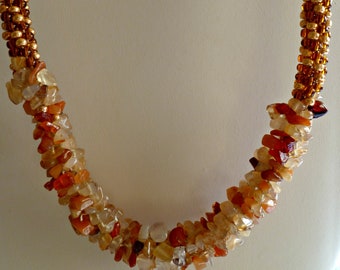 Tan & cream aventurine chip beaded Kumihimo cluster necklace "Earth Spirit", statement necklace, birthday anniversary gift