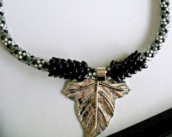 Black silver gray beaded Kumihimo necklace with antiqued silver leaf pendant, magnetic clasp, over the head necklace