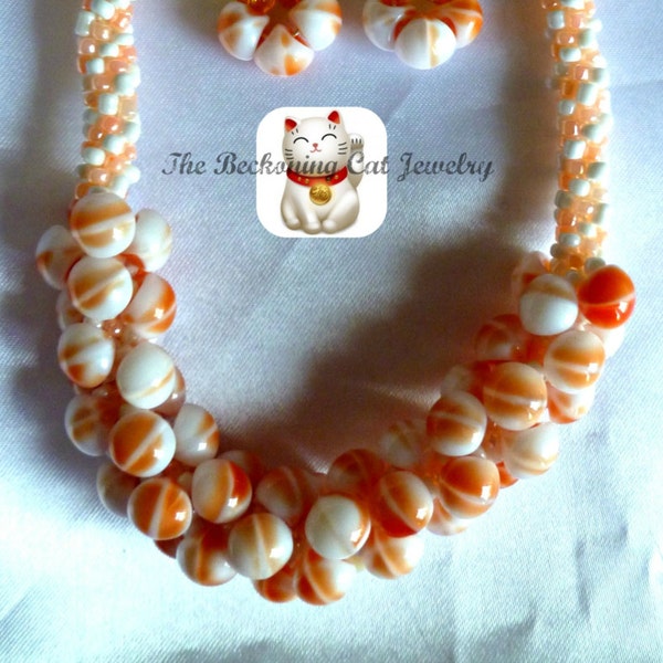 Beaded Kumihimo mini cluster, chunky necklace earring set "Orange Sherbet", chunky necklace, anniversary gift