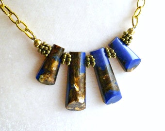 Regal blue lapis lazuli gemstone necklace with gold flecks fused within, statement necklace, gift for her, birthday/anniversary gift