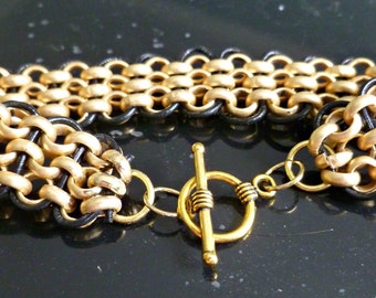 Gold & black leather rolo chain bracelet, chain bracelet, unisex bracelet, gift for him, gift for her, statement bracelet