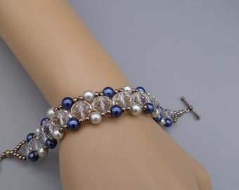 Czech crystal, royal blue and white pearls, Right angle weave bracelet, gift for mom, birthday anniversary gift, statement bracelet