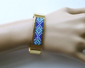 Adjustable cuff bracelet, beadweave blue diamond pattern in gold, statement bracelet, gift for Mom, gift for her, birthday/anniversary gift