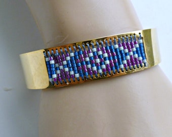 Patriotic bead-weave gold tone cuff bracelet, statement bracelet, handcrafted jewelry, gift for her, birthday/anniversary gift