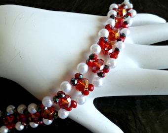 Red crystal & white pearl right angle weave RAW bracelet, beaded bracelet, gift for her, mom gift, statement bracelet, girlfriend wife gift