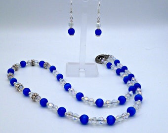 Royal blue & clear crystal beaded necklace and earring set, statement jewelry, gift for her, girlfriend/wife gift, handcrafted jewelry