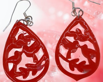 Red resin Love Birds dangle earrings, statement earrings, gift for her, birthday gift