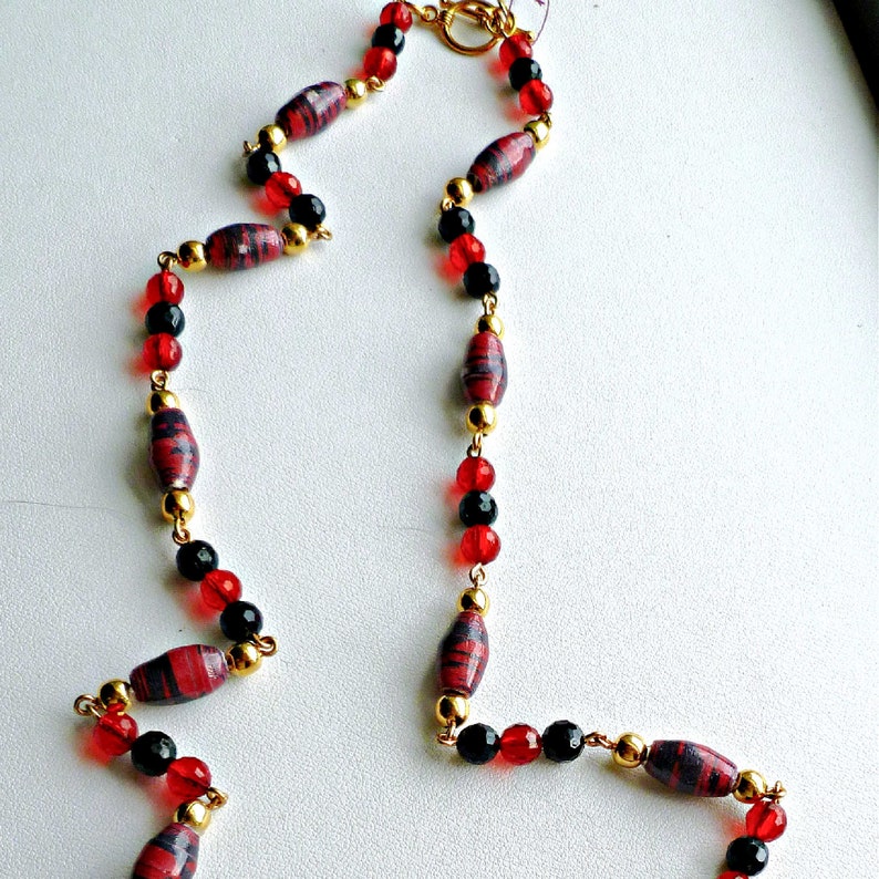 Red/black Stripe Hand Rolled Paper Bead Necklace Statement - Etsy
