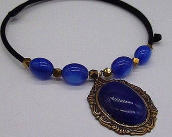 Royal blue choker necklace on memory wire featuring antiqued gold framed blue medallion pendant, statement necklace, gift for her