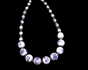 Purple & white ceramic floral necklace | statement necklace | gift for her | birthday-anniversary gift | gift for Mom | chunky necklace