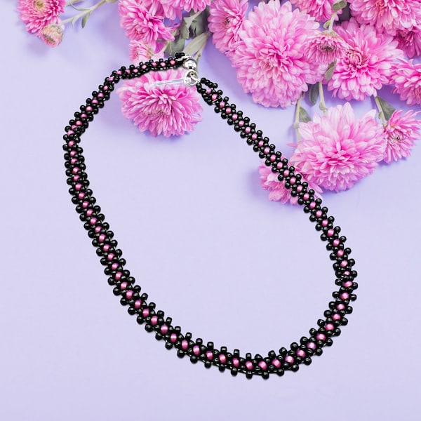 Midnight Blossom: Black & Pink Daisy Chain Bead Weaving Choker Necklace