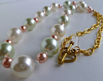 Hand knotted light green & white pearl necklace with rose gold tone accents, statement necklace, birthday anniversary gift, gift for her