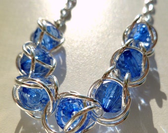 Sapphire blue and silver caged bead chain maille necklace, statement necklace, gift for her, birthday/anniversary gift