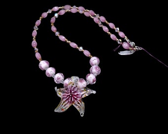 Pink floral starfish necklace, statement necklace, gift for her, birthday/anniversary gift, beach theme jewelry