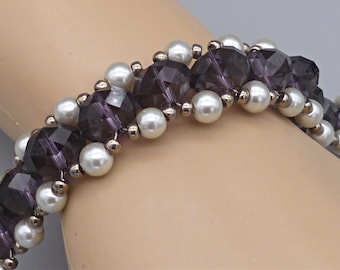 Purple crystal and silver pearl bracelet "Purple Ice", right angle weave bracelet, birthday anniversary gift, gift for her, gift for mom