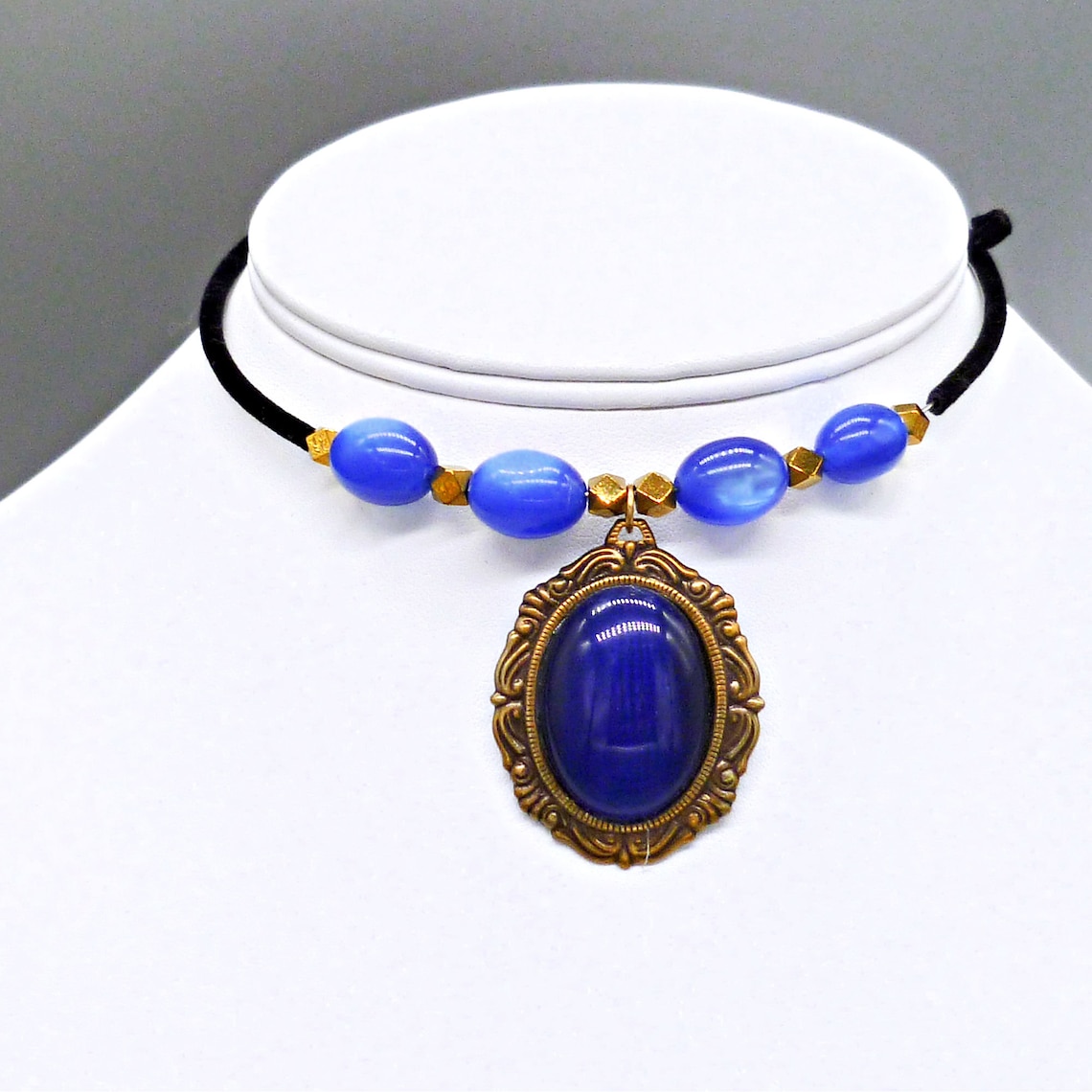 Royal Blue Choker Necklace on Memory Wire Featuring Antiqued Gold