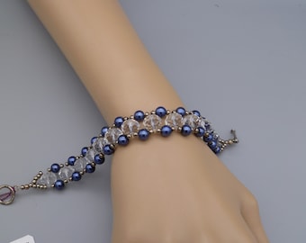 Royal blue pearl and clear crystal right angle weave RAW bracelet, "Starry, starry nights", gift ideas, statement bracelet, mom gift