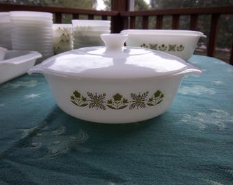 Vintage Fire King Anchor Hocking Meadow Green Covered Casserole Dish 1 1/2 Quart Milk Glass