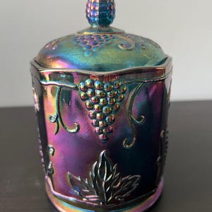 Indiana Glass Carnival Harvest Grape Blue Iridescent Candy Jar w/Lid