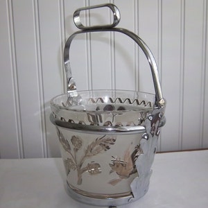 Vintage Silver Satin Frosted Glass Ice Bucket Footed Stand With Silver Plated Tongs