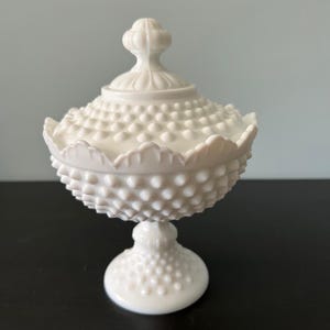Fenton Glass Lidded Candy Dish Pedestal Compote Milkglass Hobnail 8.5&quot;