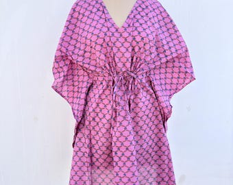 Pink Printed Cotton Kaftan Dress | V Neck Drawstring Tunic