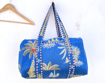 Hand Block Print Quilted Cotton Duffle Bag, Floral Travel Weekender