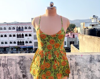 Floral Hand Printed Cotton Top, Women’s Sleeveless Boho Blouse