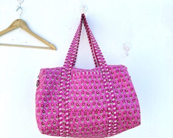 Handmade Quilted Cotton Duffle Bag, Floral Block Print Travel Tote