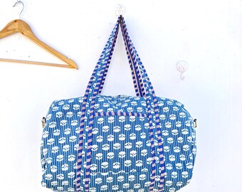 Blockprint Quilted Cotton Duffle Bag: Handmade Weekender Travel Bag