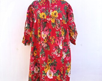 Organic Cotton Midi Dress, Red Floral Cottagecore Tunic