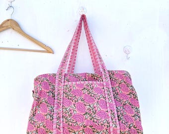 Hand Block Printed Cotton Quilted Duffle Bag : Floral Print Weekender Travel Bags