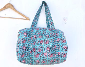 Handmade Quilted Cotton Duffle Tote Bag: Floral Print Travel Yoga Bag
