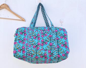 Blockprint Quilted Cotton Duffle Bag: Handmade Weekender Travel Bag
