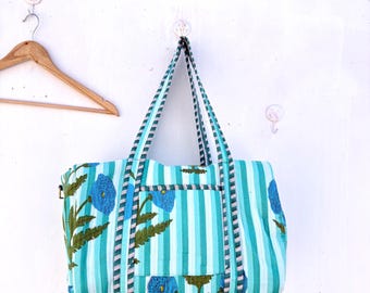 Hand Block Print Cotton Quilted Tote Bag - Floral Striped Shoulder Bag