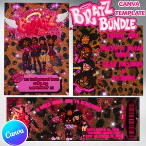 Puede incluir: Un paquete de plantillas de Canva con temática Bratz en rosa y marrón. El diseño presenta ilustraciones de muñecas Bratz, el texto "Bratz Bundle" y frases como "A Girls Night Out To Remember". El fondo tiene un estampado de leopardo.