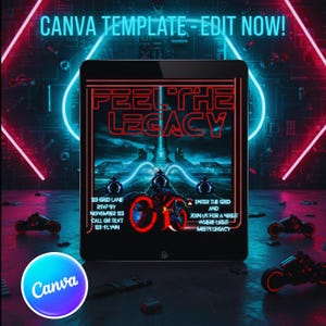 Neon Cyberpunk Birthday Invitation Mobile Video Invite, Futuristic Glow Gaming Party, Editable Canva Template, Retro Arcade Digital Evite