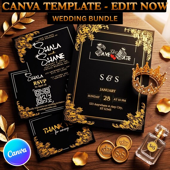 Black Gold Wedding Invitation Bundle Editable Canva Royal Luxury Invite Instant Download