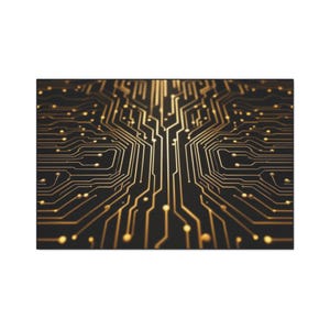 May include: A close-up of a black and gold circuit board design. The image features intricate gold lines and dots against a dark background, creating a technological and abstract pattern. The design is symmetrical and detailed.