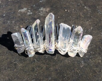 Angel aura quartz crystal hairpin, quartz mini crown, raw crystal hair comb, crystal mini crown, crystal hair pin