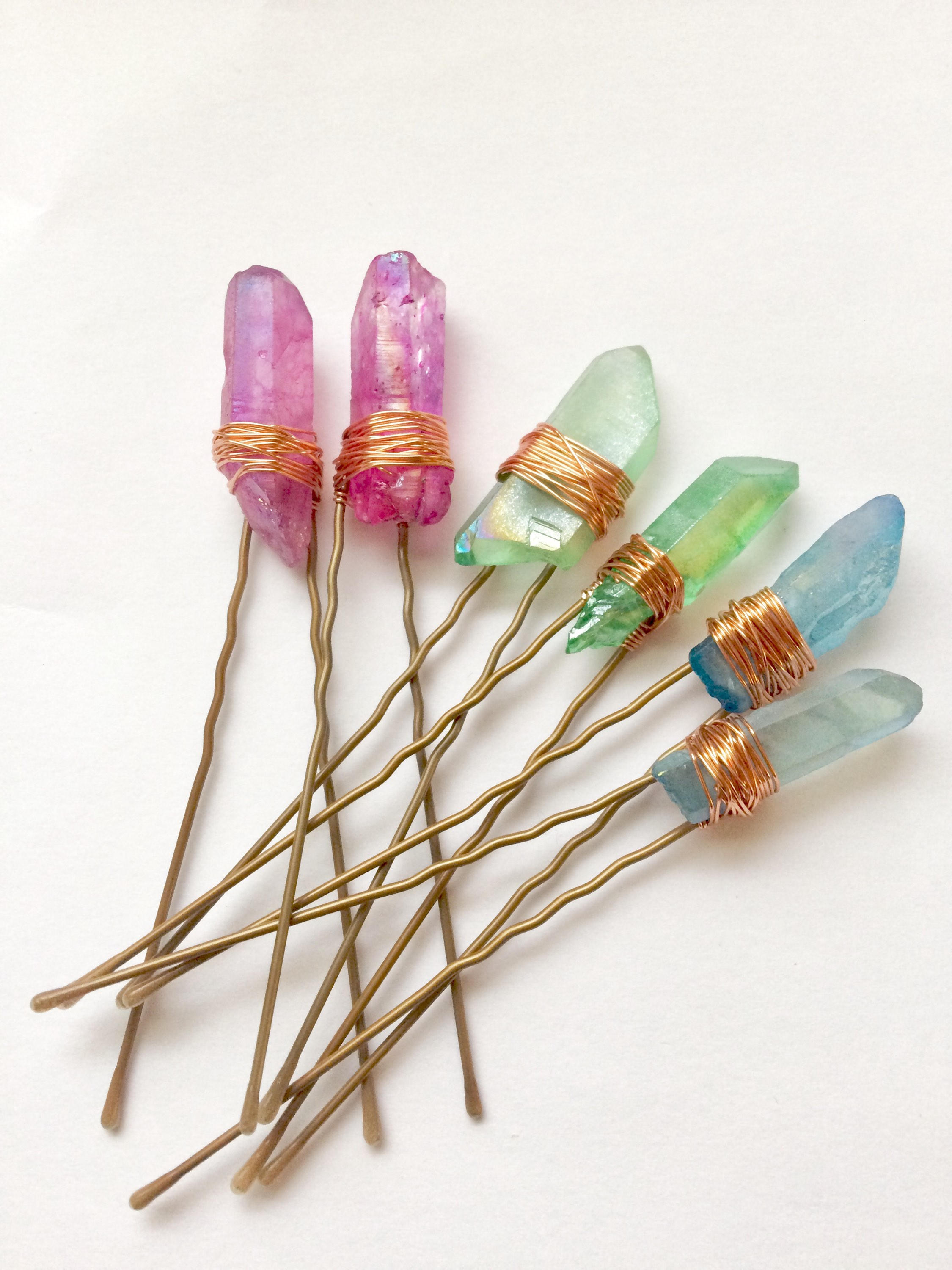 Set of 6 Aura Quartz Crystal Hair Pins Crystal Hair Pins Etsy Australia