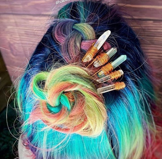 Set Of 2 Colorful Aura Quartz Hair Pins Crystal Hair Clip Etsy