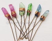 Set of 6 aura quartz crystal hair pins, crystal hair clip, quartz hair pins, quartz bobby pin, wedding accessory, boho, gifts for her