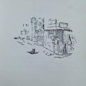 May include: A black and white illustration of a street scene with a woman knitting outside a building. A cat sits in the foreground, with other animals and architectural details in the background. The number 65 is at the bottom.