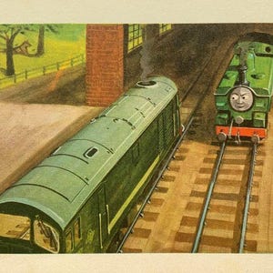 May include: A vintage illustration featuring two green trains on railway tracks. One is a diesel train, the other a steam engine with a face. The scene includes a brick structure, a grassy area, and a fence.