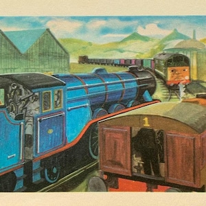 May include: A vintage illustration of a blue steam train with the number 4 on its side, pulling a red and brown passenger car. Other trains and buildings are in the background, with green hills and a blue sky. The scene evokes a sense of classic railway travel.