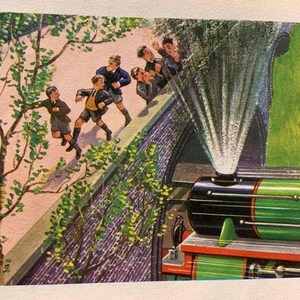 May include: Vintage illustration of a green and black steam train with a plume of white smoke. Several figures in dark jackets and shorts are running along a wall. Green foliage and a pink sky complete the scene.