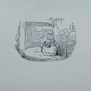 May include: Black and white illustration of a cat wearing a shawl and apron, standing in a doorway. A small animal is in the background. The image is from a children's book. The number 26 is at the bottom.