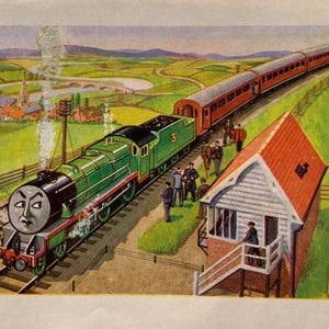 May include: Illustration of a green steam train with the number 3 on the side, pulling passenger cars along a track. The train has a face and is emitting steam. A red-roofed building and people are visible.